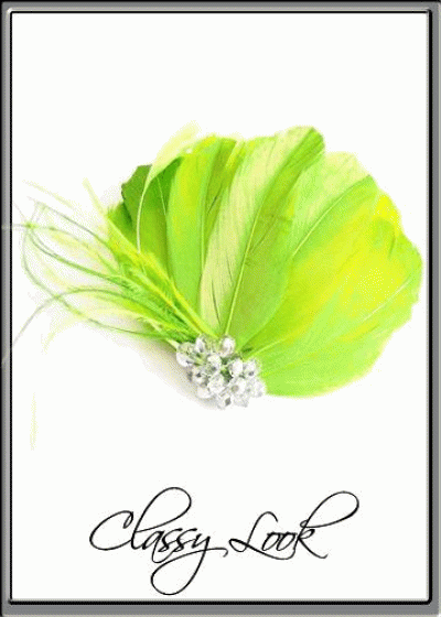 Дизайнерски ръчно изработени брошки - украса за коса с пера и кристали цвят лайм Lime Bird